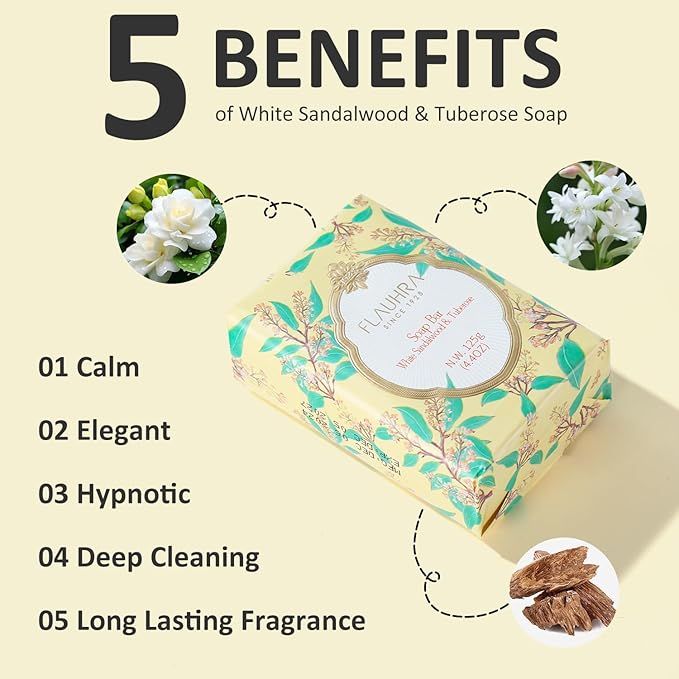Bee & Flower Soap Bar White Sandalwood & Tuberose Fragrant Soap Essential Oil Scented Soap Bar Moisturizing Bath Bar Soaps Nourishes Your Skin 4.4 oz(Pack of 4)
