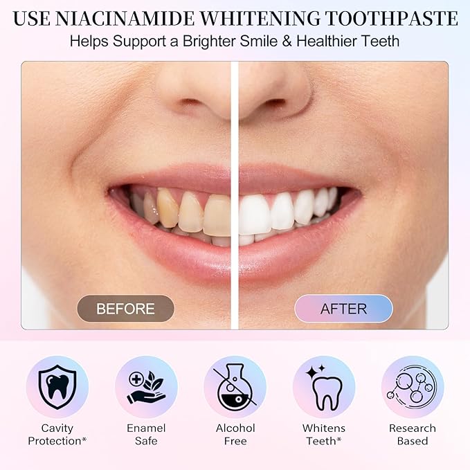 Niacinamide Whitening Toothpaste, Niacinamide Toothpaste Intensive Whitens Teeth, Stain Removal, Protects Tooth Enamel, Freshening Breath All Day with Natural Mint &Peach Flavor (2PCS)