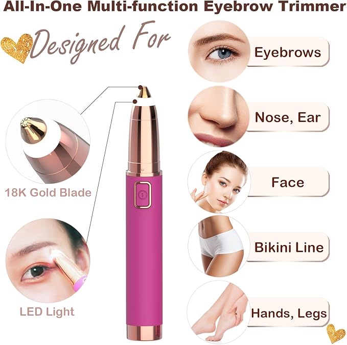 Eyebrow Trimmer for Women - Electric Eye Brow Razor with LED Light Painless & Easy Clean for Eyebrows Face Nose Ear Hair Chin Lips Peach Fuzz Bikini Lines & Other Detailing - Battery Operated (Pink)
