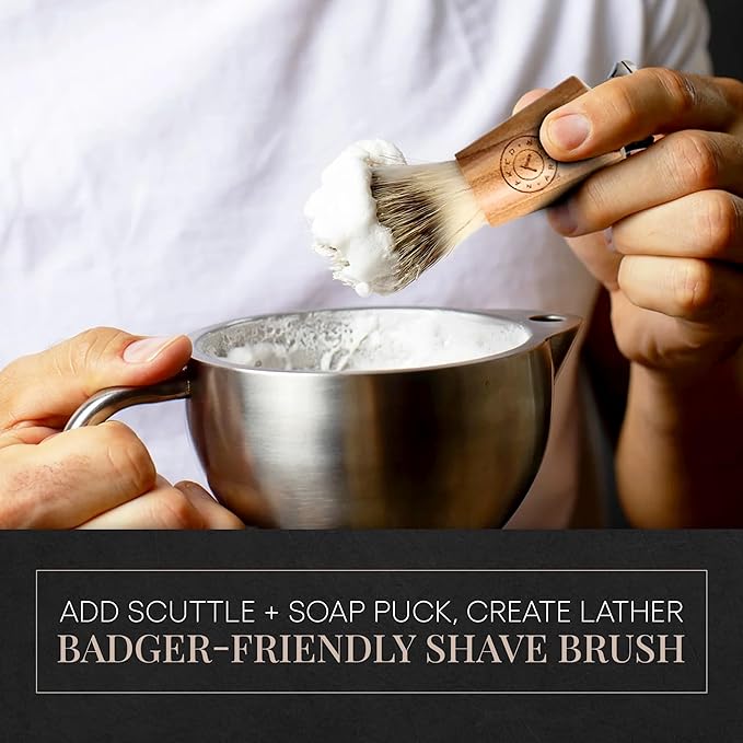 Synthetic Badger Hair Shaving Brush - Futura Synthetic Badger Hair + Handmade Olive Wood Shave Brush, Exfoliating Stiff Bristles, Thick & Creamy Lather For A Great Shave, Pre-Shave & Barber Approved