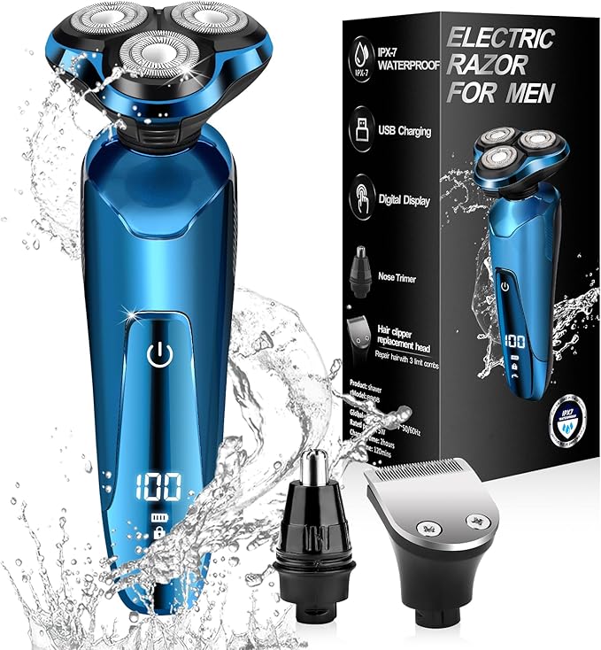 Electric Razor for Men, Cordless 3D Rotary Head Shavers for Men Face, Wet/Dry Waterproof, LED Display, Ideal Gift for Husband/Dad/Boyfriend (Blue)