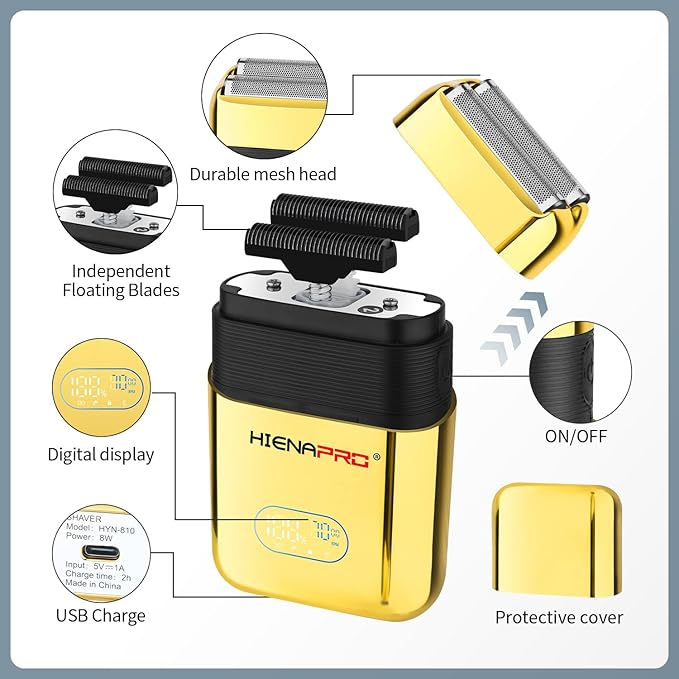 HIENA PRO Reciprocating Electric Foil Shaver for Men, Cordless Professional Bald Head Precision Trimmer & Beard Trimmer, Foil Shaver with LED, Gifts for Men(Gold)
