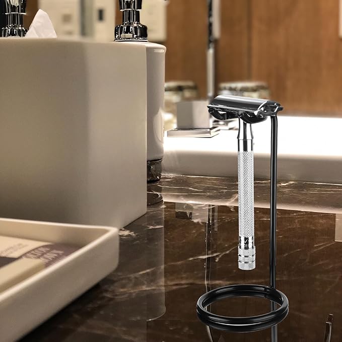 Linkidea Stainless Steel Safety Razor Stand, Men's Travel Shaving Razor Holder, Compatible with Gillette Fusion 5 Long Handle Safety Razor (Black)