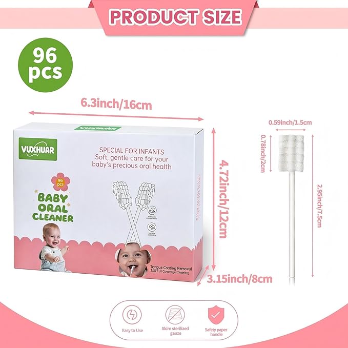 Baby Tongue Cleaner 96-Count, Newborn Oral Care Gauze Swabs – Soft Disposable Mouth Wipes, Individually Wrapped Travel Pack, Infant Tongue Brush for 0-36 Months