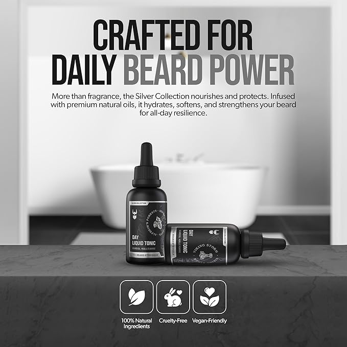 The Beard Struggle - Day Liquid Tonic Beard Oil - Silver Collection (Viking Storm) - Beard Oil for Men - Moisturize, Softens Hair, Reduces Itch - Day Time Beard Growth Oil (1 Fl oz)
