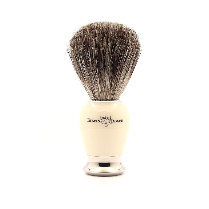 Edwin Jagger 81SB587AMZ Classic Imitation Ivory Pure Badger Exfoliating Shaving Brush with Stand for Shaving Cream or Shaving Soap for Men and Women (Ivory)