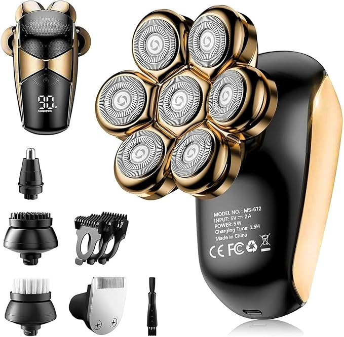 SHPAVVER Head Shavers for Bald Men: 5-in-1 Upgraded Electric Razor - IPX7 Waterproof Shaving Grooming Kit for Balder - Turbo Speed & Precision Blades Valentine's Day Gifts (Ink Gold)
