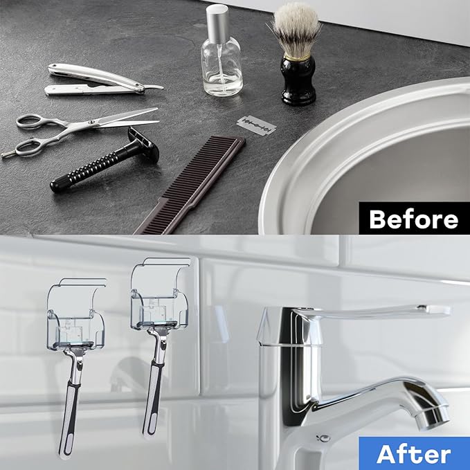 2Pcs Plastic Razor Holders with Cover for Shower Wall Self Adhesive Waterproof Razor Rack Wall Mount Razor Shaver Hook Portable Razor Holder for Bathroom Shower Tabletop Travel Reusable