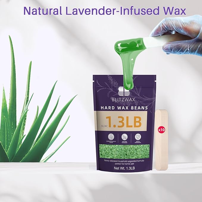 BLITZWAX Wax Beads 1.3lb for Hair Removal, Aloe Vera Hard Wax for Sensitive Skin, Stripless Waxing for Body, Bikini, Legs and Brazilian, Wax Refill with 10 Wooden Sticks for Home Use