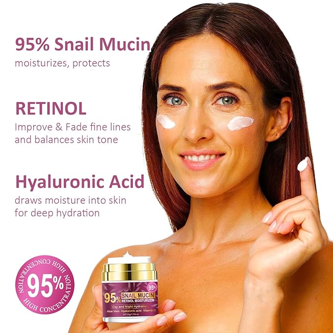 Retinol Cream for Face, Snail Mucin Face Moisturizer with Retinol and Hyaluronic Acid, Anti Aging Face Cream for Women and Men Day & Night Lifting & Firming Anti Wrinkle for All Skin Types 1.76 Fl Oz