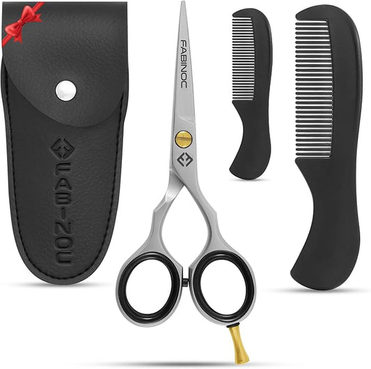 Beard and Mustache Scissors for Men 5" with 2 Combs & Pouch – German Quality Stainless Steel Hand-Forged Grooming Scissors for Facial Hair Trimming (Silver)