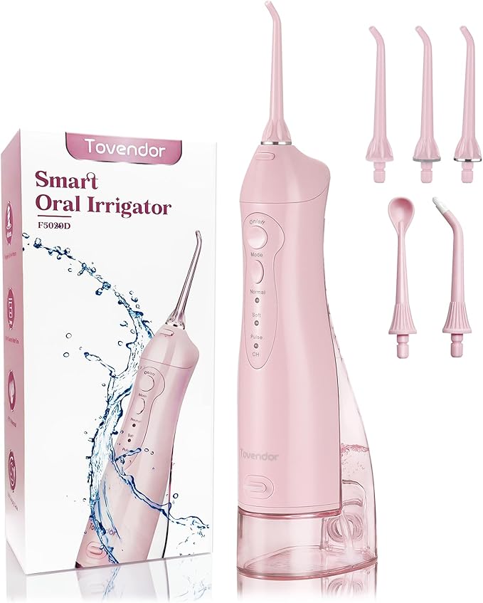 TOVENDOR Electric Water Dental Flosser Teeth Pick, Cordless Flossers Oral Irrigator IPX7 Waterproof 300ML Rechargeable Travel Water Teeth Cleaner with 5 Tips for Home Braces Care Gums Deep Cleaning