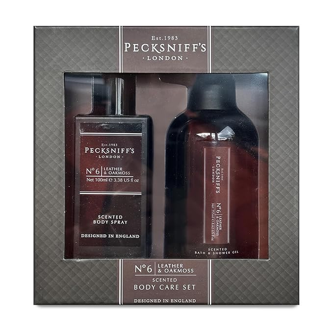 Pecksniffs Mens Bathing Duo Collection – Leather & Oakmoss Scented Body Wash and Body Lotion Gift Set, 2 x 250ml