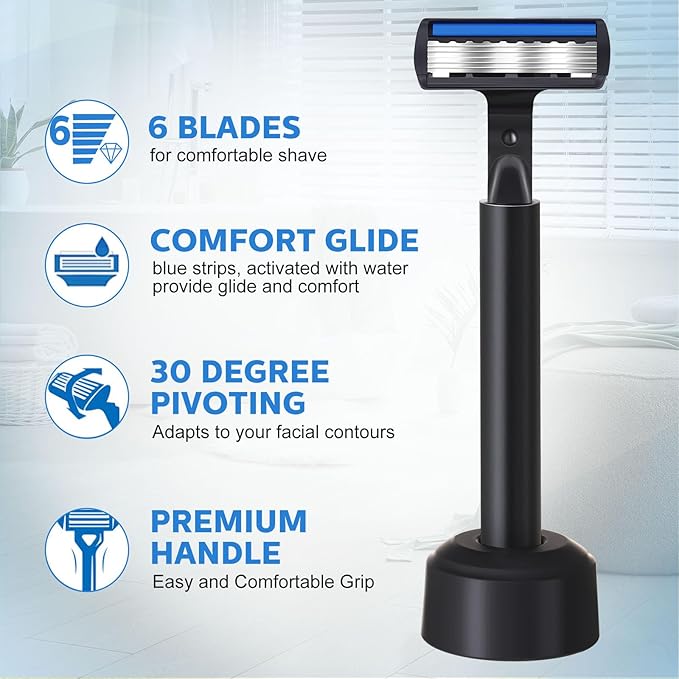 34 Pcs Refillable 6-blade Disposable Razors for Men Set Sensitive Skin Razors Shaving Kit for a Smooth and Comfortable Shave, 2 Handle and 32 Cartridges