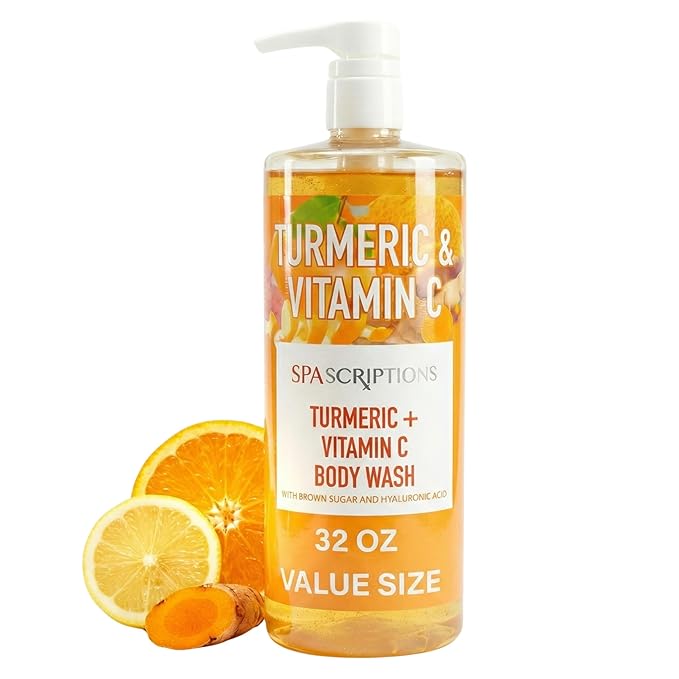 SpaScriptions Turmeric & Vitamin C Body Wash – Brightening Gentle Cleansing Shower Gel Scrub With Hyaluronic Acid for Radiant Glowing Skin & Brown Sugar Exfoliation, Scented, Paraben Free, 32 fl oz