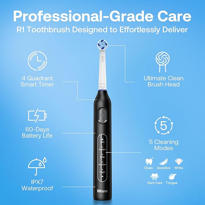 Bitvae R1 Rotating Electric Toothbrush with 8 Brush Heads for Adults and Kids, 60-Day Battery Life, 5 Modes Rechargeable Power Toothbrush with 2-Minute Smart Timer, Black