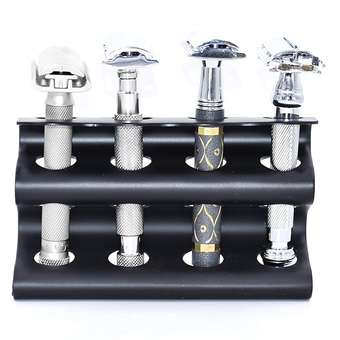 Parker Double Edge Razor Stand – Solid Brass with Black Finish –Holds 4 Razors – Parker Stand with Padded Base – Excellent Storage for Long Handled Double Edge Safety Razors