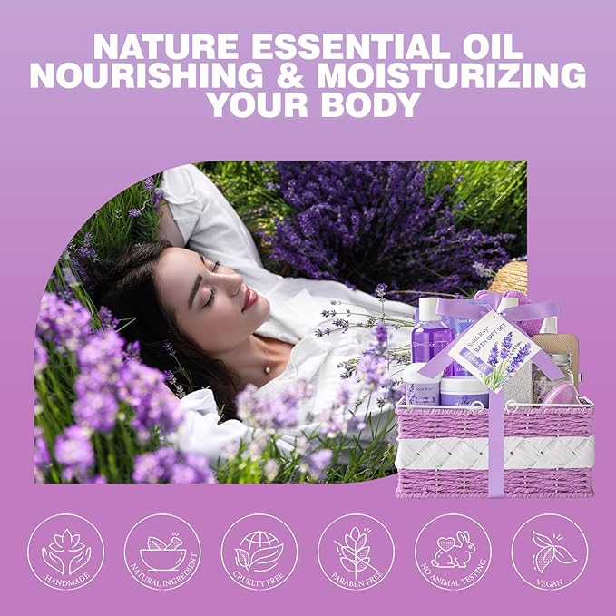 Large Spa kit for women gift set, 20 PCS Spa Gift Baskets Christmas Gifts for Women Bath Kit with Lavender gifts spa gift set Basket, Luxury Self Care Home Spa Kit Lavender Bath Gift Basket