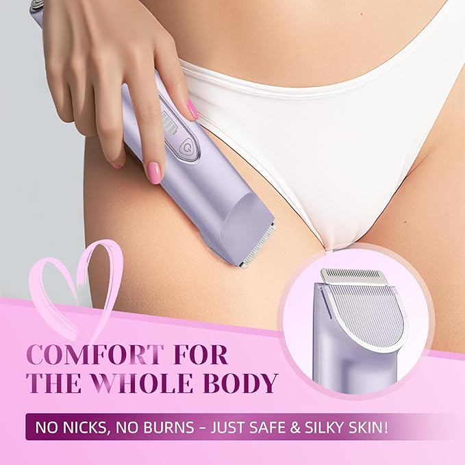 Bikini Trimmer for Women，3 in 1 Electric Razor with Ceramic Blades, IPX7 Waterproof, USB Rechargeable, Painless Hair Removal for Face，Body，Bikini Area, Travel Grooming Kit (Purple)