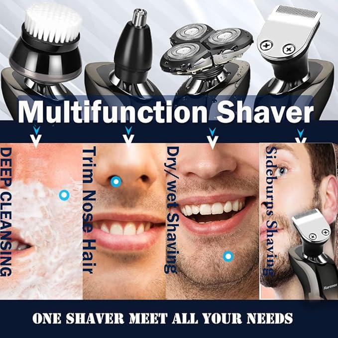 Electric Shaver Razor for Men Rechargeable 100% Waterproof Rotary for Shaving with Nose Trimmer Sideburns Trimmer Face Cleaning Brush