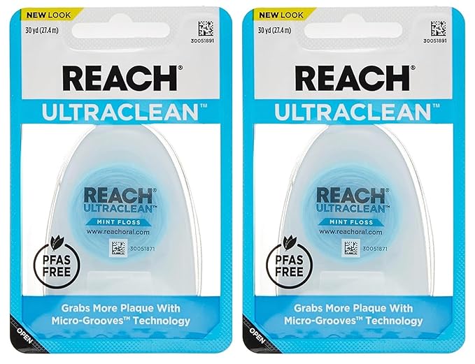 Reach Listerine Ultraclean Dental Floss, Plaque Remover, Shred Resistant, Waxed, Gentle on Gums & Teeth, Mint, PFAS-Free, Fresh Breath, Oral Care, for Adults & Kids, 30 yds - Pack of 2