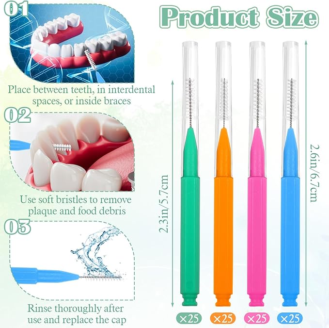 100 Pcs Interdental Brushes Braces Brush for Cleaner Dental Cleaning Tools Soft Tooth Floss Picks for Braces Bridges Care, Portable Bendable Heads