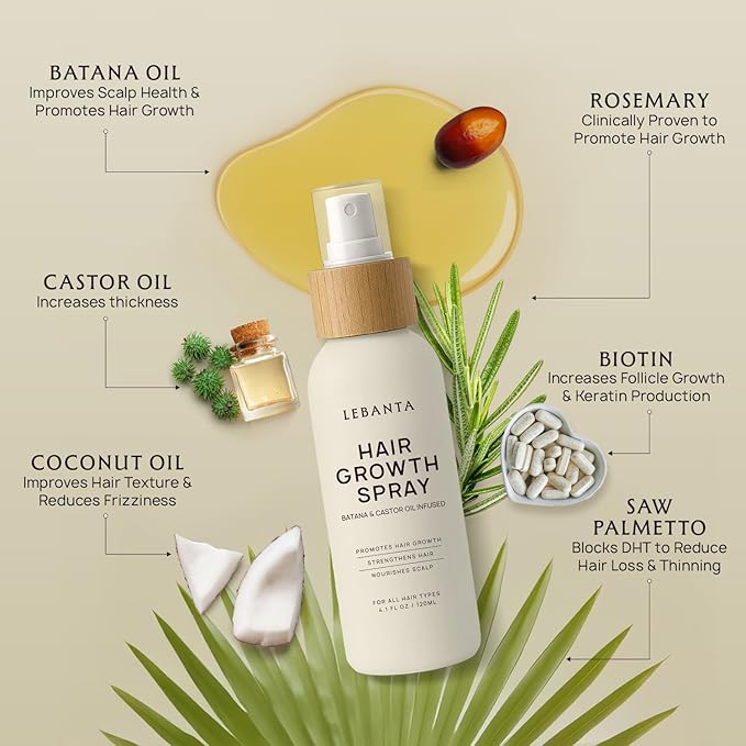 Hair Growth Oil Spray - 100% Pure Ingredients For Non Greasy, Thicker & Stronger Hair - Organic Batana, Castor, Biotin, Saw Palmetto, and Rosemary Oil Gifts Women Scalp (4.1 Fl Oz (Pack of 1))