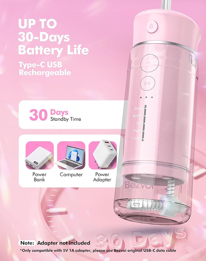 Bezvoi Portable Water Flosser for Travel, Mini Compact Cordless Oral Irrigator with Storage Bag, Removable Wide Tank & 5 Modes, IPX7 Waterproof Water Floss for Braces, Orthodontic, Sensitive Teeth