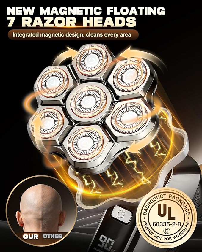Head Shaver for Bald Men, 7D Upgraded Magnetic Detachable Blades, Wet & Dry IPX7 Waterproof Electric Razor, Fast Smooth Bald Shaving for Head & Face, 5-in-1 Grooming Kit