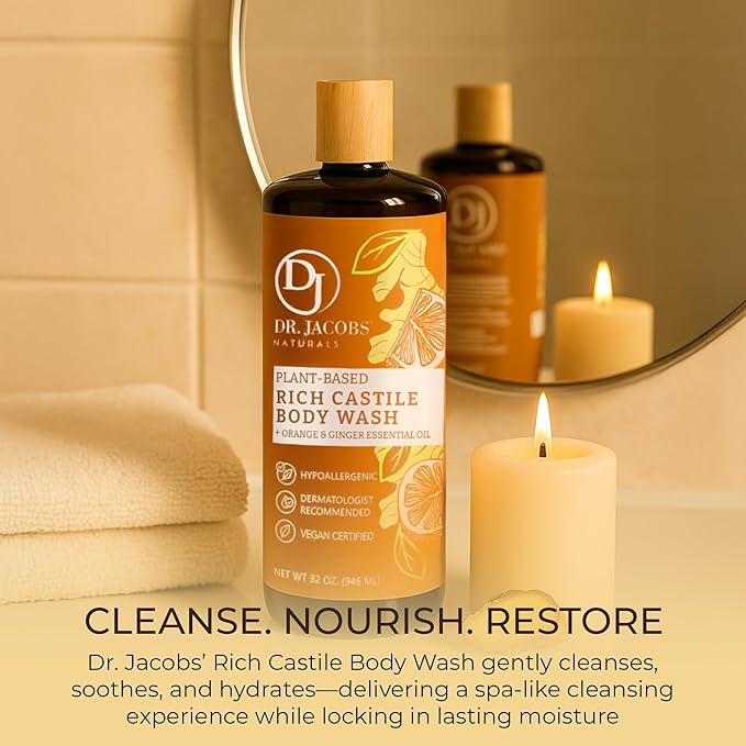 Dr. Jacobs Naturals Pure Castile Soap Liquid Body Wash, Orange & Ginger - Plant Based Soap Infused with Vitamin E & Aloe Vera to Moisturize Dry and Sensitive Skin - Made in The USA - 16 oz, Pack of 2
