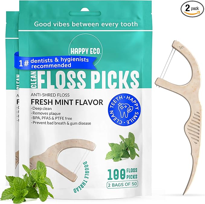 Dental Floss Picks for Teeth (100ct) - Double Thread Tooth Picks Flossers for Adults, Toothpicks Floss, Vegan Corn-Straw Handle, Shred-Resistant String for Interdental Oral Care & Gum Health, Mint