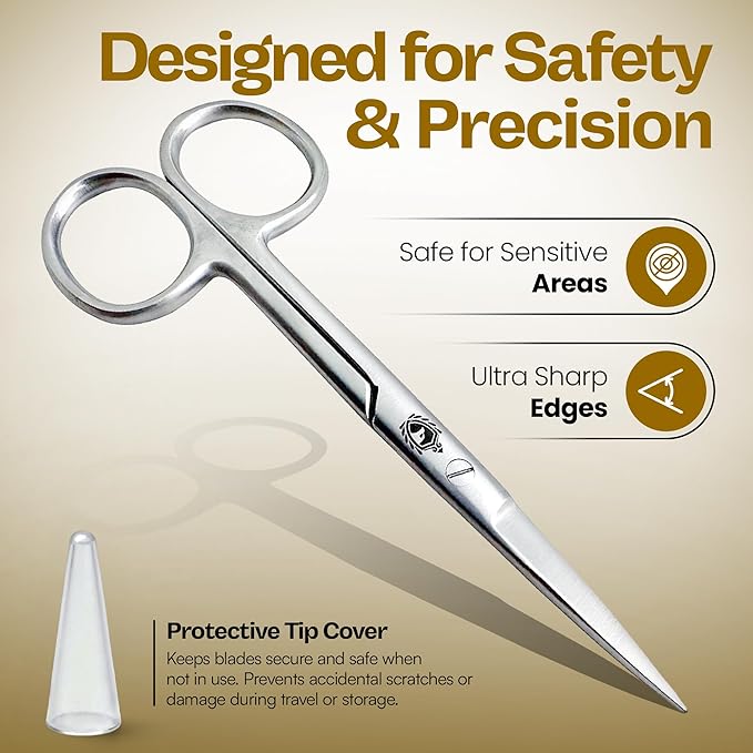 Stainless Steel Grooming Scissors Set - Facial Hair Small Nail Cuticle Scissors Manicure Pedicure Tools Trimming Kit - Straight and Curved Blade for Beard Mustache Nose Ear Hair Eyebrow Eyelashes