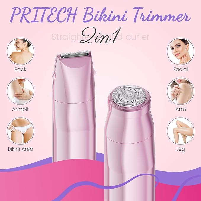 Bikini Trimmer for Women 2 in 1 Electric Razors for Women - Wet and Dry Electric Lady Shaver, Smooth Facial Hair Remover and Body Hair Trimmer for Bikini,Leg, Underarm, Face, Private Area (Rose)