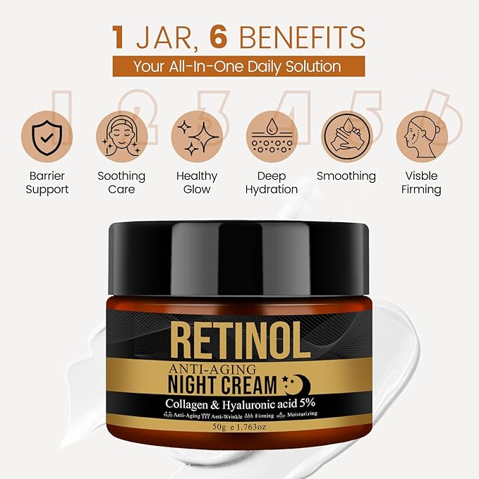Retinol Anti-Aging Night Cream with Collagen & Hyaluronic Acid, Night Anti-Wrinkle Face Moisturizer for Men, Smooth Fine Lines, Tightening & Hydrating Men's Routine Skincare, 50g/1.76oz