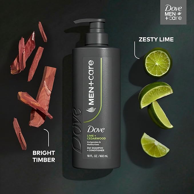 DOVE MEN + CARE Shampoo 1 count Lime & Cedar for Real Hair that Powers Up Hair Strength, with Invigorating & Moisturizing Results, 18 Fl oz