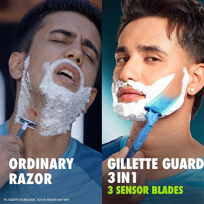 Gillette Guard 3in1 Shaving Razor Blade for men - 2 Cartridges + 1 Razor | Smooth Shave | Aqua gel Lubrastrip | 3 Platinum Coated Blades | Rubber Handle Grip | Flexi Head | good for Sensitive Skin