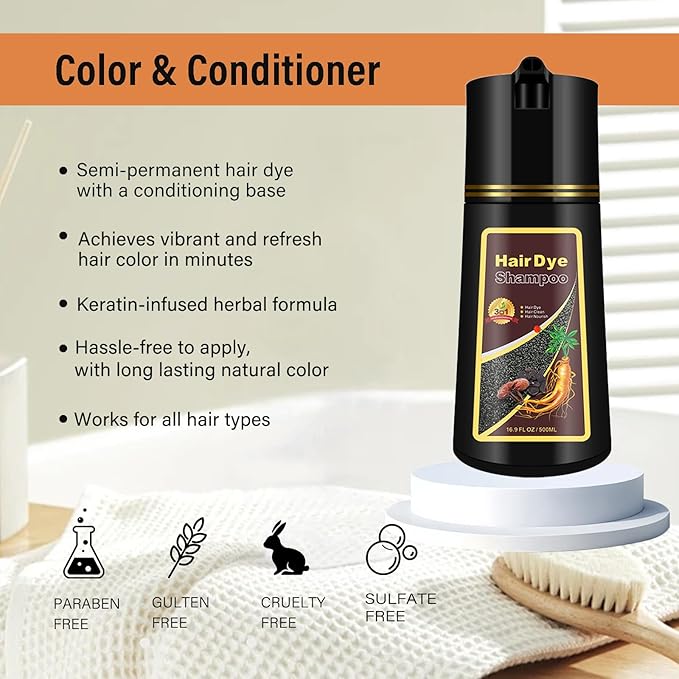 Brown Hair Dye Shampoo 3 in 1, Semi-Permanent Brown Hair Dye, Cover Grays in Minutes, Instant Hair Color Shampoo, Champu Para Canas, 16.90Fl Oz