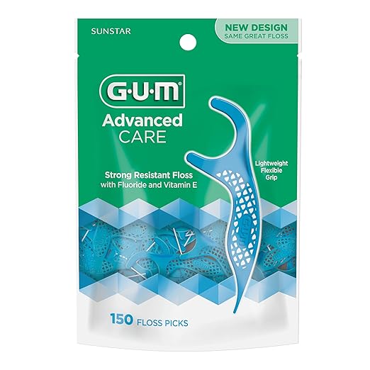 GUM Advanced Care Floss Picks - Dental Flossers for Adults with Vitamin E and Fluoride - Extra Strong Shred-Resistant Dental Floss, Easy Grip Handle, Fresh Mint Flavor, 150 Count (Pack of 4) 600 Total