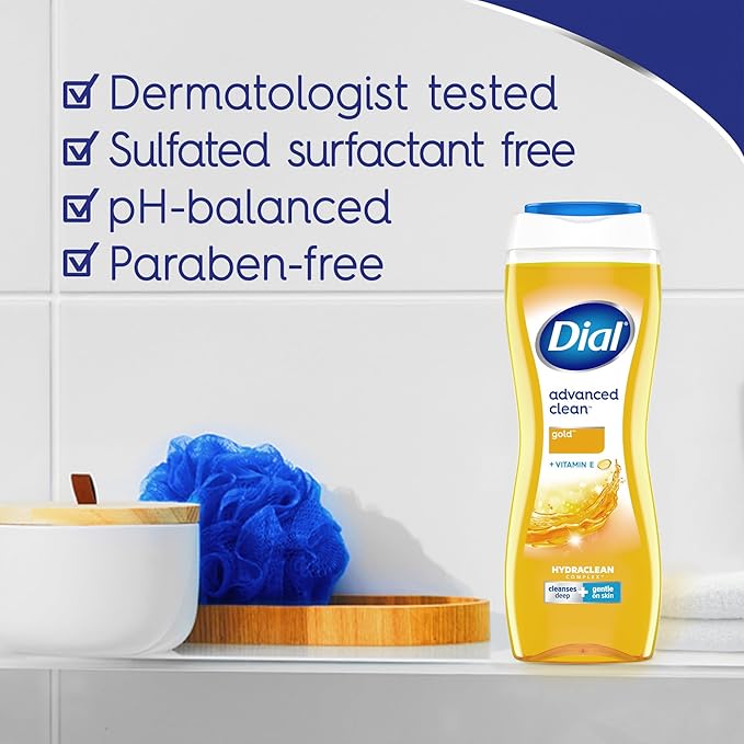 Dial Body Wash, Advanced Clean Gold, 16 Fl Oz, Hydraclean Complex & Vitamin E, Gentle, Leaves Skin Feeling Nourished, Dermatologist-Tested, No Parabens & Sulfates, (Pack of 8)