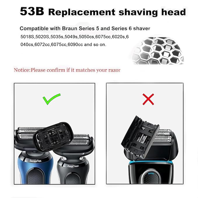 Series 5 Series 6 Replacement Head-53B Compatible with Braun S5 Electric Shavers Razor,53B Blades for Braun S6 Replacement Foil and Cutter fit for 6072cc, 6090cc, 6020s, 5018s, 5049cs, 5035s, 5020s