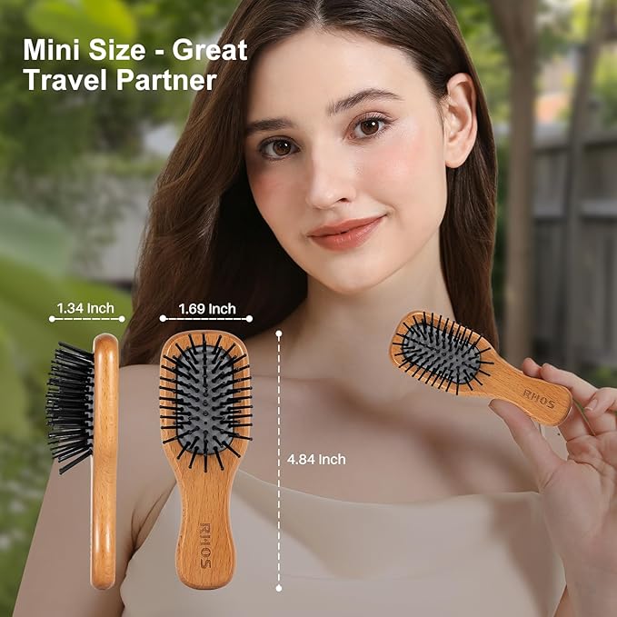 RHOS Mini Hair Brush for Women,Men and Kids-Travel Size Hair Brush for Purse,Pocket,backpack-Small Cushion Paddle Brush with Soft Bristles-Mini Detangler Brush for All Hair Types(1 Pack-Beech)