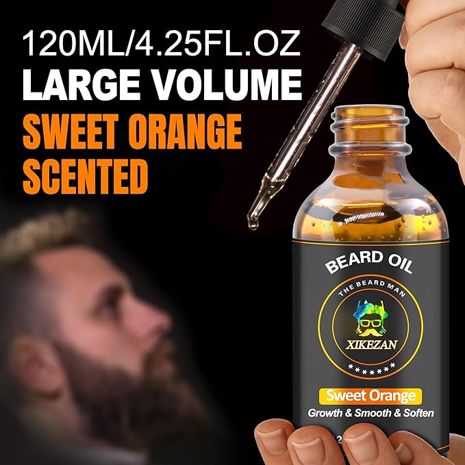 Beard Oil,120ml/4.25fl.oz Oil Promote Large Volume Beard Growth,Leave in Conditioner Beard Care Natural Sweet Orange Scent Mustaches Growth Soften Strength,Gifts for Men Him Dad