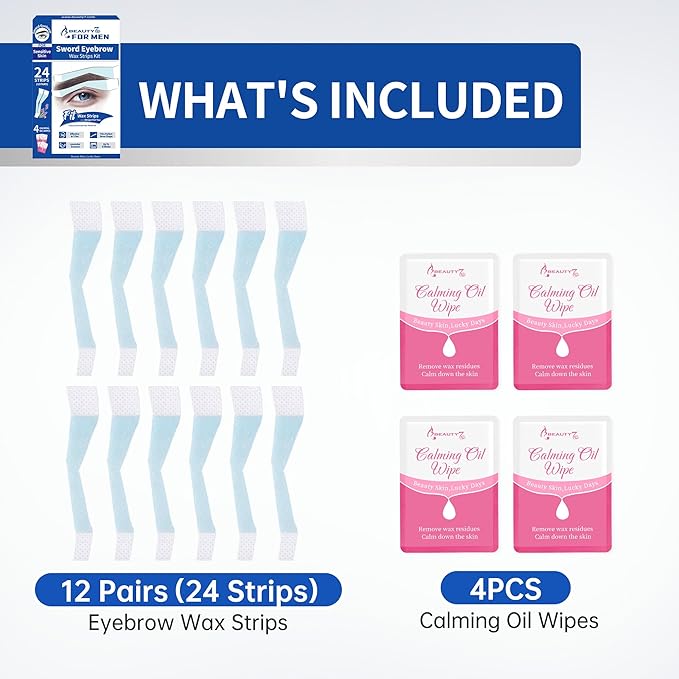 Beauty7 Men's Sword Eyebrow Wax Strips, Facial Wax Strips, Hair Removal Waxing, at Home Waxing Strips, 24 pcs Strips 4 Calming Oil Wipes, for Sensitive Skin Types for Men