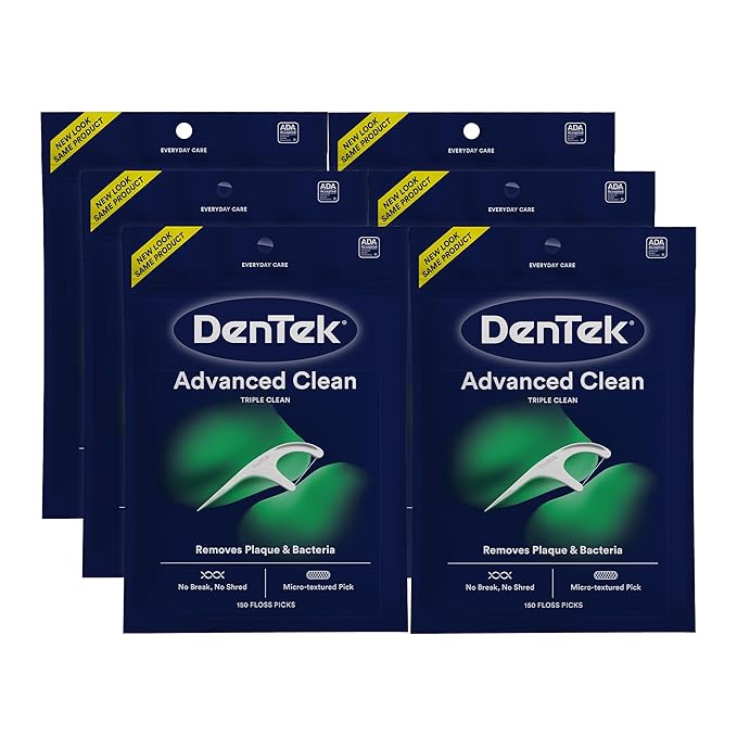 DenTek Advanced Clean Floss Picks with No Break & No Shred Dental Floss, Plaque Remover, 150 Count, Pack of 6