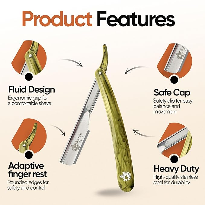Professional Straight Razors For Men 2mm Exposed Blade Straight Edge Barber Razor Kit For Close Shaving - Beard Navajas Para Barbero Shavette 10 Shaving Blades By Krisp Beauty (Yellow Marble Design)