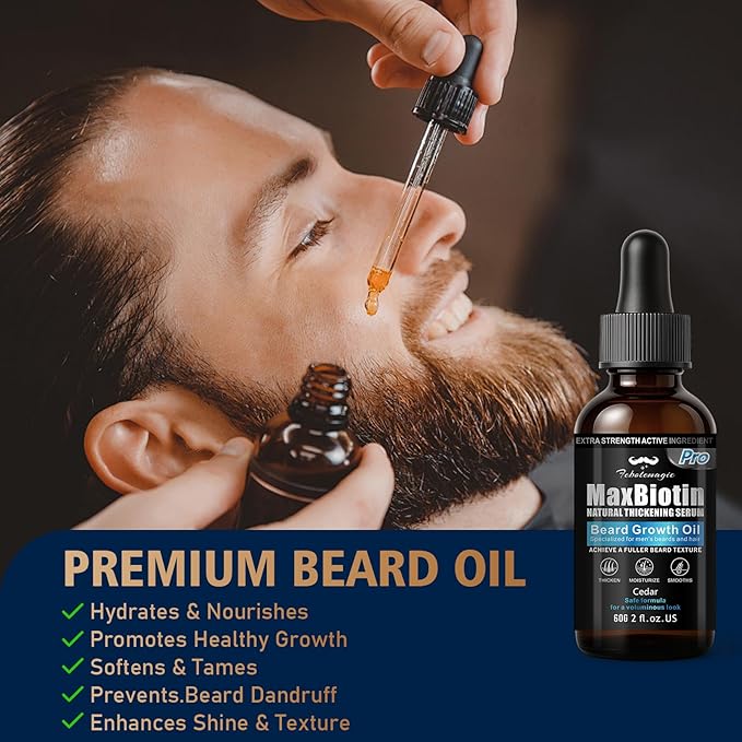 Biotin Beard Growth Kit for Men with Conditioning Oil and 0.25mm Massager Roller, Cedar Serum with Castor and Jojoba Oil, Grooming Softer Thicker Healthier-Looking Mustache Beard Care