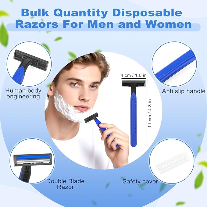 Disposable Twin Blade Razors in Bulk, Individually Wrapped - Clear Safety Cap, For Homeless, Hotel, Airbnb, Travel (pack of 50,blue)