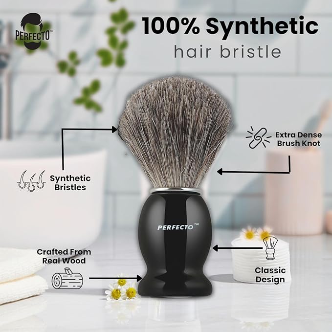 Perfecto Synthetic Bristles Shaving Brush For Men, Engineered for The Best Shave of Your Life. Shave Brush for Wet Shave for Safety Razor - Barbers Accessories, Gift For Him