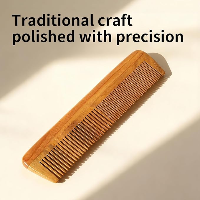 Onedor Handmade 100% Natural Green Sandalwood Wooden Comb for Men Hair, Beard, and Mustache Styling Pocket Comb With Leather Case (Long)