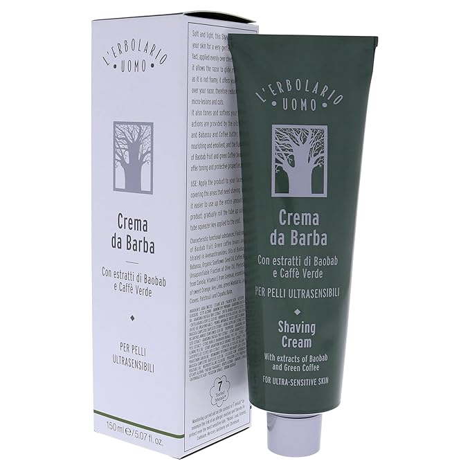 L'Erbolario Baobab and Green Coffee Shaving Cream - Non Foaming for More Razor Control - Emollient Action Prepares Your Skin for A Very Gentle and Easy Shave - Tones and Softens Your Skin - 5.07 Oz